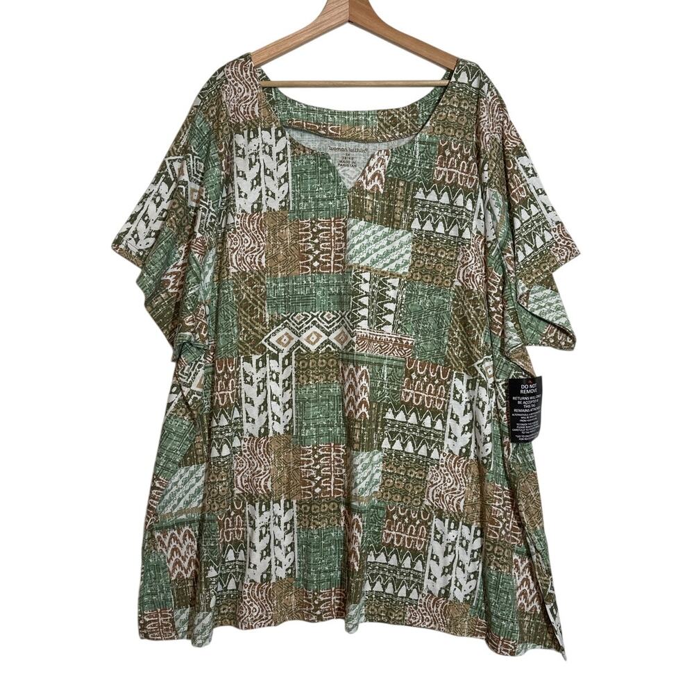 Woman Within Sz 5X 7-Day Notch-Neck Tunic Top Olive Green Geometric Patchwork